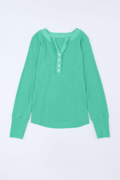 Green Trimmed Neckline Waffle Knit Henley Top-Tops-MomFashion