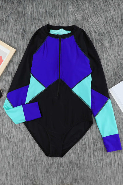 Blue Color Block Zipper Long Sleeve Rash Guard Swimwear-Swimwear-MomFashion