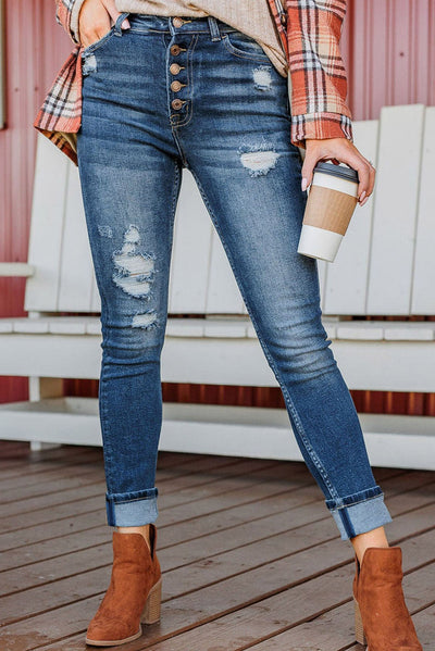 Blue Distressed Button Fly High Waist Skinny Jeans-Bottoms-MomFashion