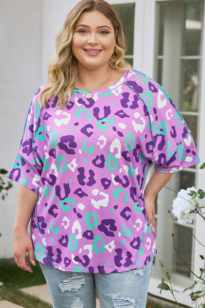 Purple Leopard Kiss Print Plus Size Short Sleeve Tee-Plus Size-MomFashion