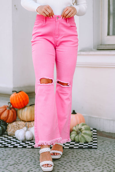 Pink Vintage High Waist Flare Leg Ripped Raw Hem Jeans-Bottoms-MomFashion