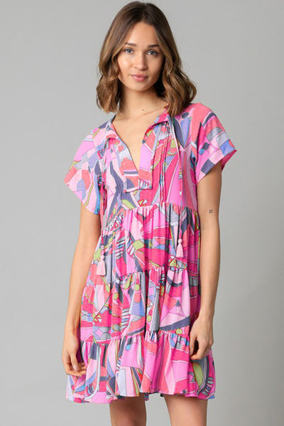 Pink Abstract Geometric Print Tassel Tie Flared Dress-Dresses-MomFashion