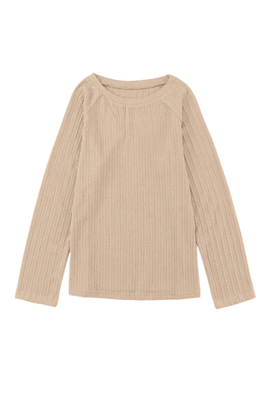 Khaki Ribbed Round Neck Knit Long Sleeve Top-Tops-MomFashion