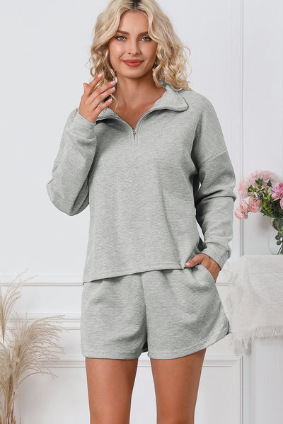 Gray Ribbed Zipper Sweatshirt and High Waist Shorts Set-Loungewear-MomFashion