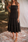 Black Tie Strap Smocked Frill Tiered Midi Dress-Dresses-MomFashion