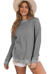 Gray Crew Neck Ribbed Trim Waffle Knit Top-Tops-MomFashion