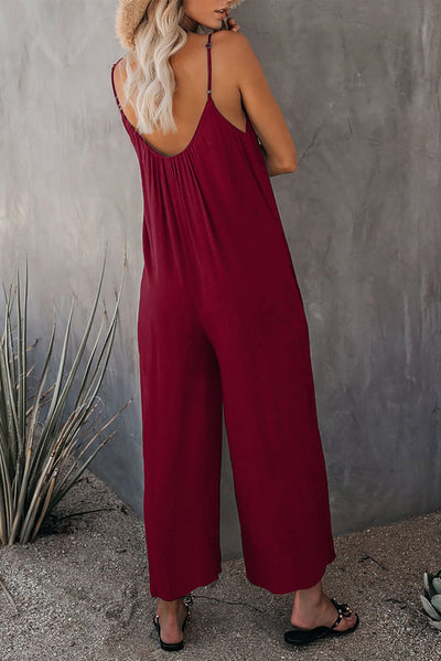 Red Spaghetti Straps Wide Leg Pocketed Jumpsuits-Bottoms-MomFashion