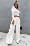 Beige Crop Top and Wide Leg Pants Two Piece Set-Loungewear-MomFashion