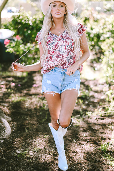 White Floral Ruffled Short Sleeve V Neck Blouse-Tops-MomFashion