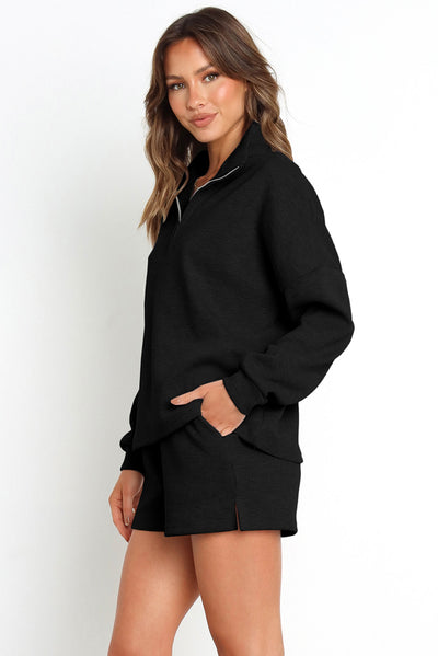 Black Ribbed Zipper Sweatshirt and High Waist Shorts Set-Loungewear-MomFashion