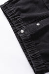 Black Metal Buttons Flap Pocket Drop Shoulder Denim Jacket-Outerwear-MomFashion