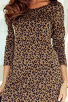 Leopard Round Neck Long Sleeve Split Dress-Dresses-MomFashion