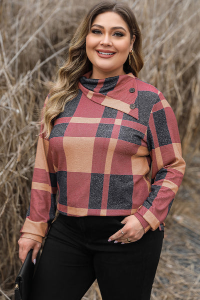 Mineral Red Plus Size Plaid Print Button Decor Asymmetric Neck Top-Plus Size-MomFashion