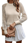 Apricot Striped Mesh Long Sleeve Crewneck Ribbed Top-Tops-MomFashion