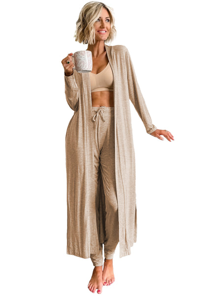 Parchment Split Long Cardigan and Skinny Pants Lounge Set-Loungewear & Sleepwear/Loungewear-MomFashion