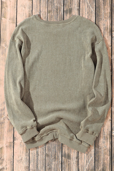 Green Solid Ribbed Knit Round Neck Pullover Sweatshirt-Tops-MomFashion