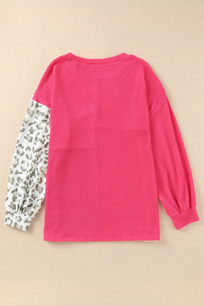 Rose Leopard Patchwork Color Block Ribbed Long Sleeve Top-Tops-MomFashion