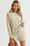 Apricot Textured Long Sleeve Top and Drawstring Shorts Set-Loungewear-MomFashion