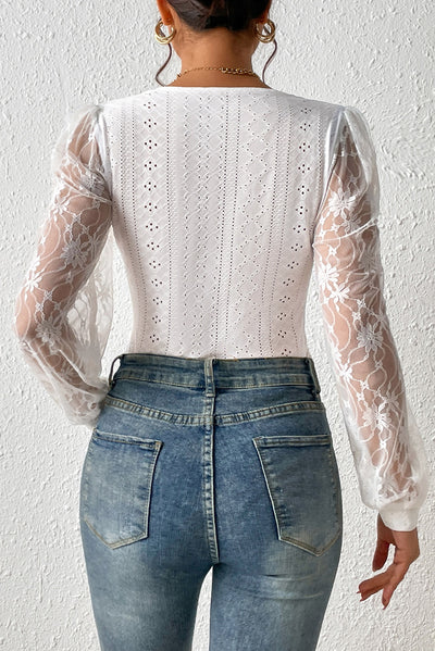 White Frenchy Contrast Lace Bishop Sleeve Bodysuit-Tops-MomFashion