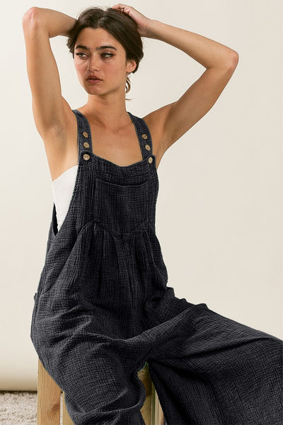 Black Textured Wide Leg Overalls-Bottoms-MomFashion