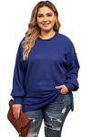 Blue Plus Size Waffle Knit Oversized Exposed Seam Top-Plus Size-MomFashion