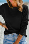 Black Waffle Knit Drop Shoulder Long Sleeve Top-Tops-MomFashion