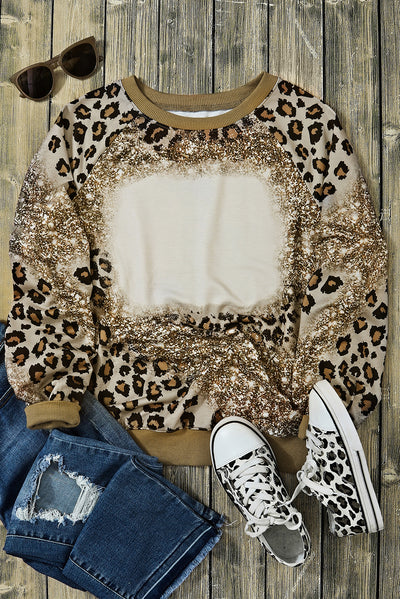 Leopard Print Bleached Long Sleeve Top-Tops-MomFashion