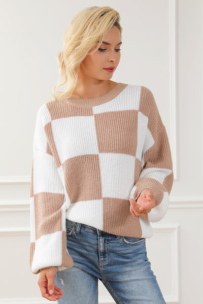 Checkered Ribbed Knit Puff Sleeve Sweater-Tops-MomFashion