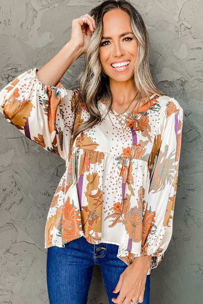 Multicolour Floral Print V Neck Babydoll Blouse-Tops-MomFashion