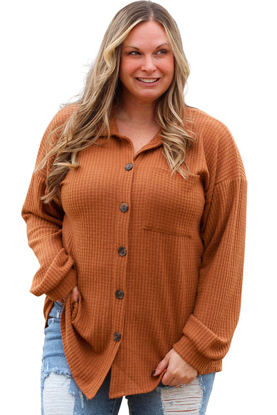 Brown Plus Size Waffle Knit Textured Shacket-Plus Size-MomFashion