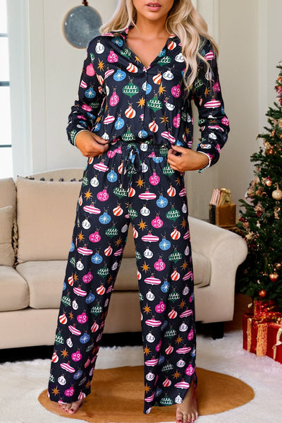 Navy Blue Colorful Christmas Lights Print Shirt and Pants Pajama Set-Loungewear & Sleepwear/Sleepwear-MomFashion