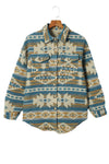 Blue Western Aztec Print Button Flap Pocket Shacket-Outerwear-MomFashion