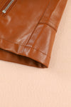 Brown Ribbed Seam Detail Faux Leather Zipped Motorcycle Jacket-Outerwear-MomFashion