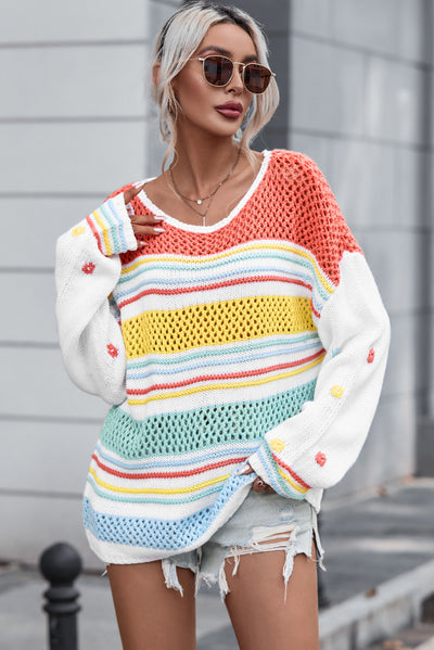 Multicolor Hollow Striped Knit Contrast Sleeve Sweater-Tops-MomFashion