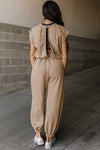 Light French Beige Cap Sleeve Open Back Drawstring Jogger Jumpsuit-Bottoms-MomFashion