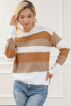 Chestnut Striped Cable Knit Drop Shoulder Sweater-Tops-MomFashion