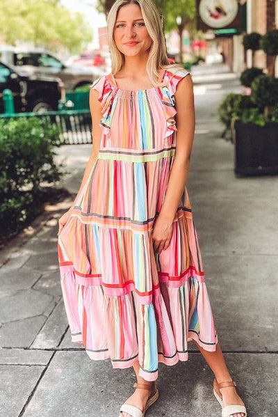 Pink Rainbow Stripe Ruffles Ruched Tiered Dress-Dresses-MomFashion