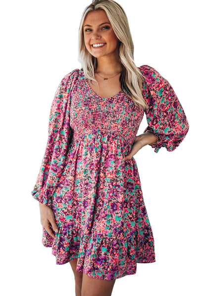 Purple Smocked V Neck Puffy Sleeve Floral Dress-Dresses-MomFashion