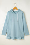 Iceland Blue Solid Ruffled Hem Loose Fit Tunic Hoodie-Tops/Sweatshirts & Hoodies-MomFashion