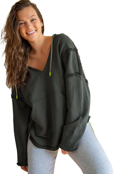 Gray Exposed Seam Raw Edge Hoodie with Pockets-Tops-MomFashion