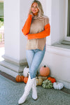 Khaki Color Block Turtle Neck Drop Shoulder Knit Sweater-Tops-MomFashion