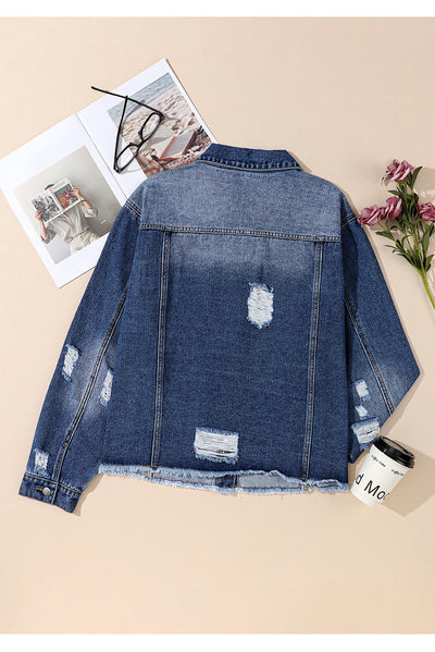 Dark Blue Plus Size Distressed Flap Pocket Denim Jacket-Plus Size-MomFashion