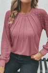 Rose Pink Contrast Lace Raglan Sleeve Plicate Round Neck Top-Tops-MomFashion