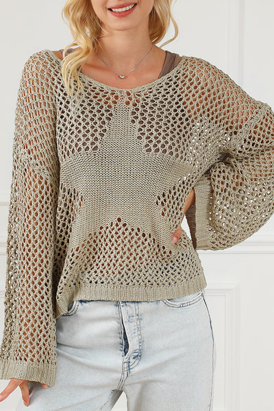 Light French Beige Star Pointelle Knit Baggy Sweater-Tops-MomFashion