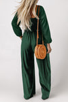 Green Smocked Square Neck Long Sleeve Wide Leg Jumpsuit-Bottoms-MomFashion