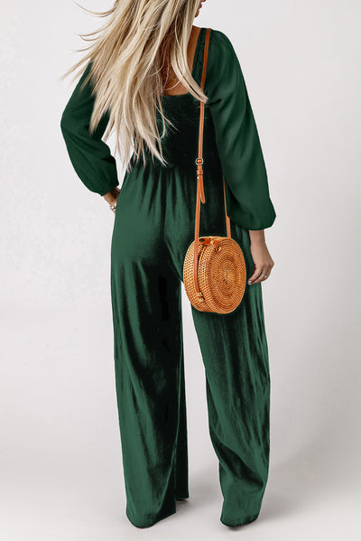 Green Smocked Square Neck Long Sleeve Wide Leg Jumpsuit-Bottoms-MomFashion