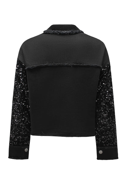 Black Sequin Sleeve Pocketed Raw Hem Denim Jacket-Outerwear-MomFashion