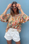 Multicolour Floral Print Lace Splicing Button up Puff Sleeve Shirt-Tops-MomFashion