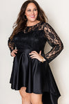 Black Plus Size Sheer Lace Splice High Low Satin Dress-Plus Size-MomFashion