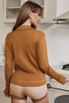 Brown Collared Asymmetric Ribbed Detail Motor Jacket-Outerwear-MomFashion